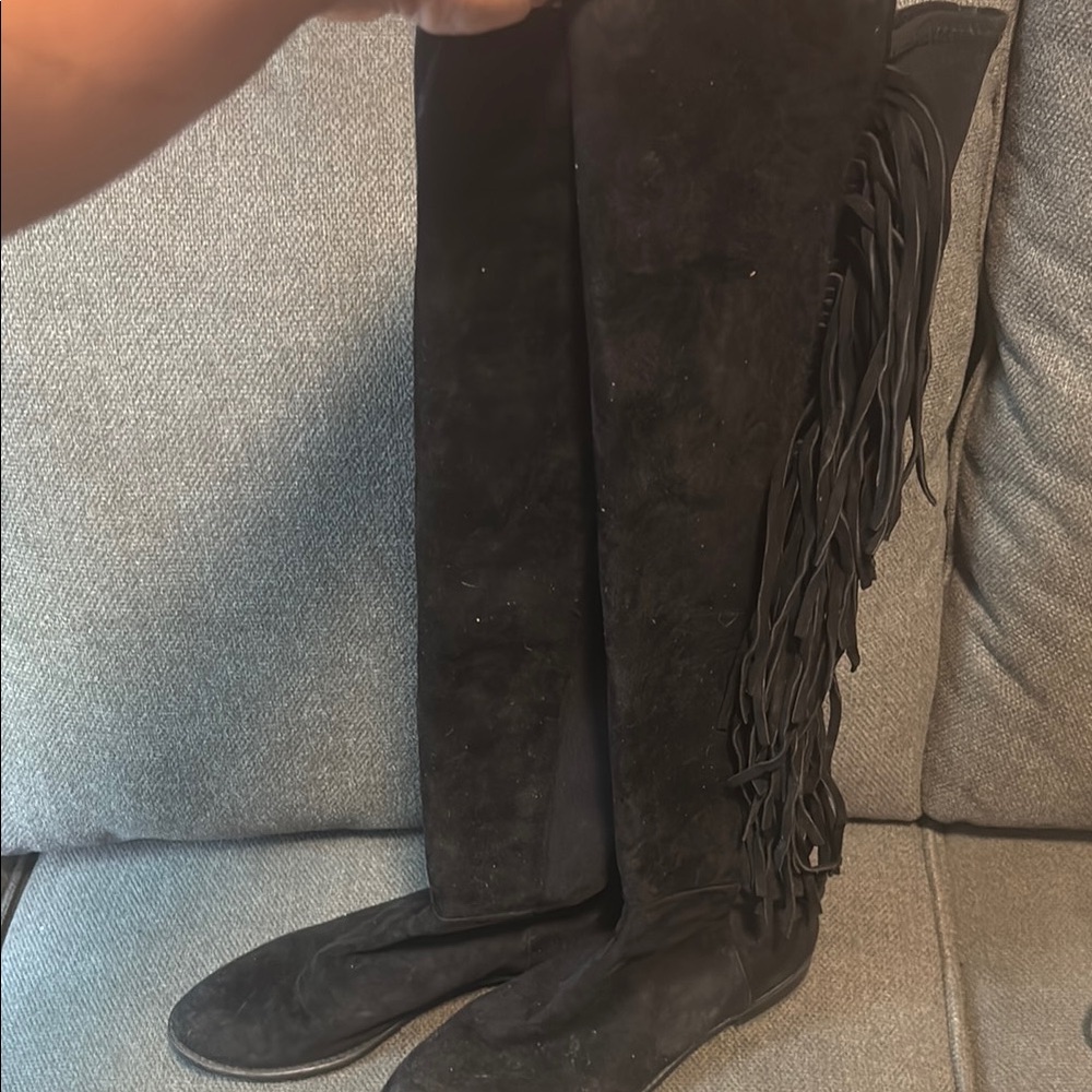 Stuart Weitzman Black Suede Over-the-Knee Boots with Fringe